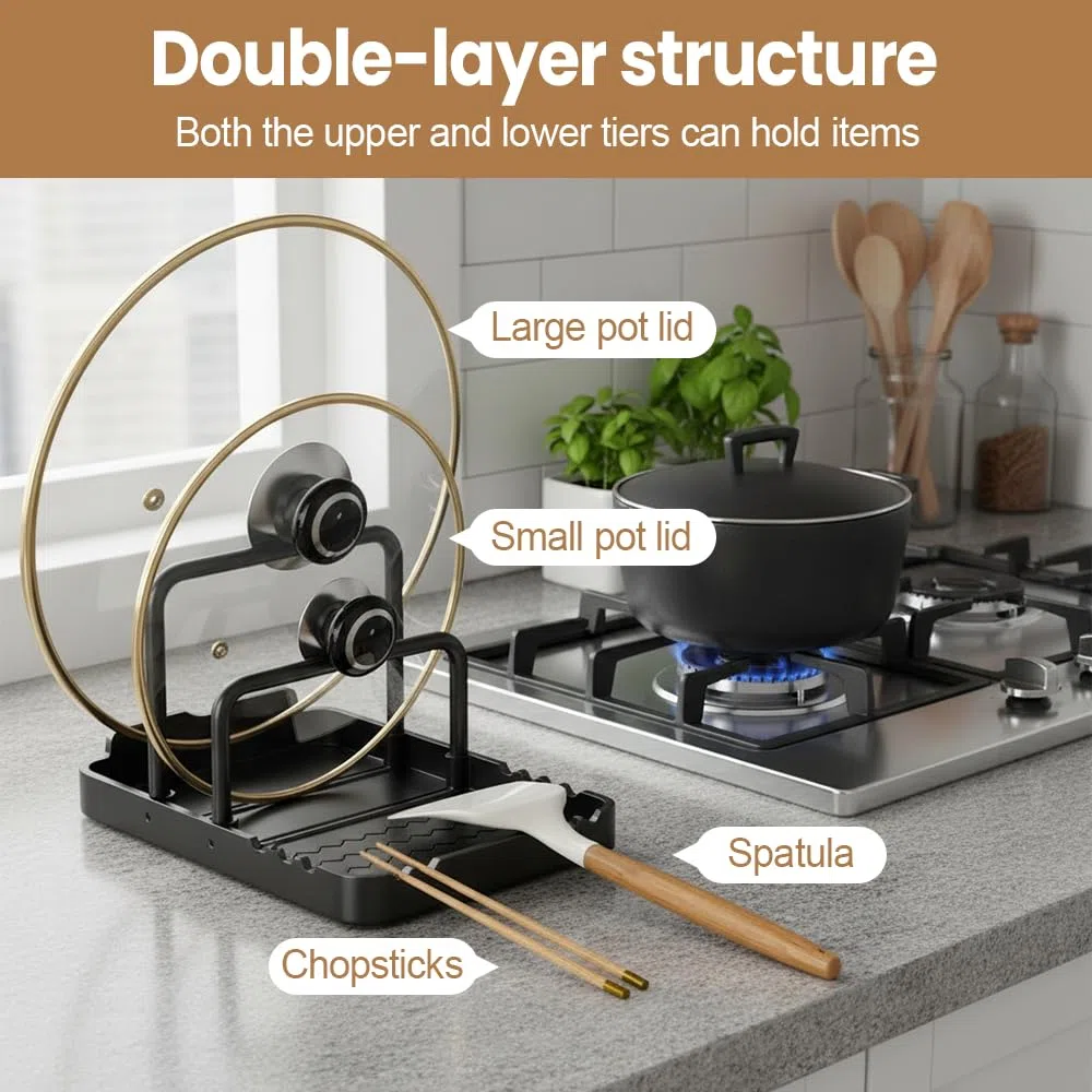 MiOYOOW Supporto per Coperchio di Pentola in Alluminio, Porta Coperchi Antiscivolo con Poggia Cucchiaio, Organizer Regolabile da Cucina per Teglie da Forno, Pentole, Piano Cottura, Barbecue