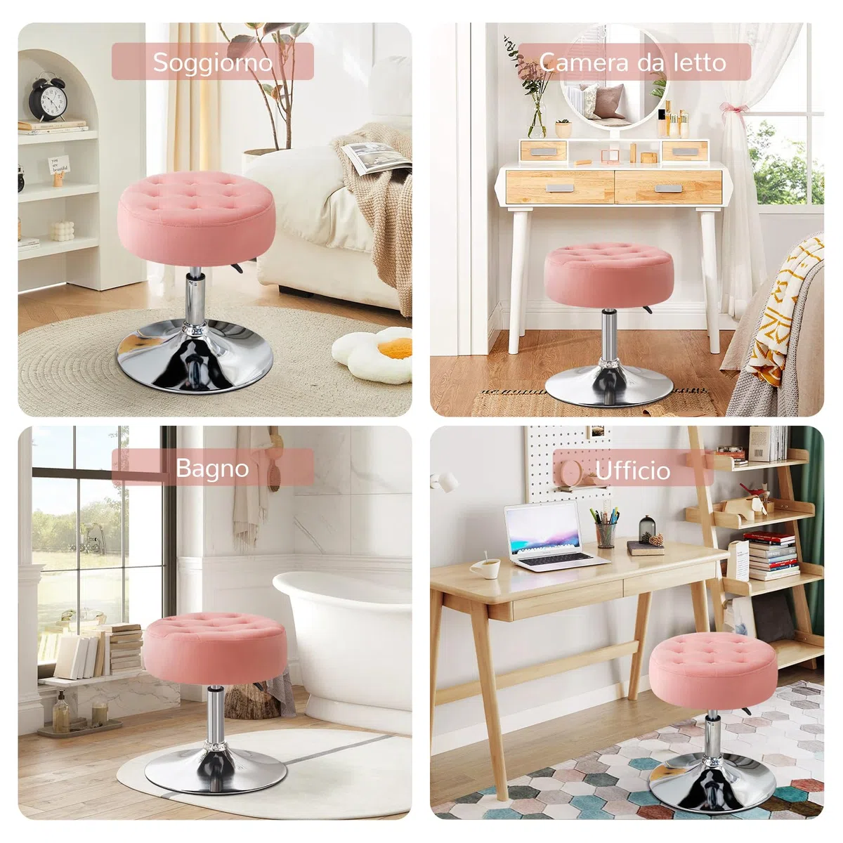 Sgabello da Trucco, Sgabello Rotondo Girevole Regolabile in Altezza, Sgabelli Toeletta Trucco Sgabelli Basso da Bar, Sedia da Cucina in Velluto per Camera da Letto Soggiorno Salone, Rosa