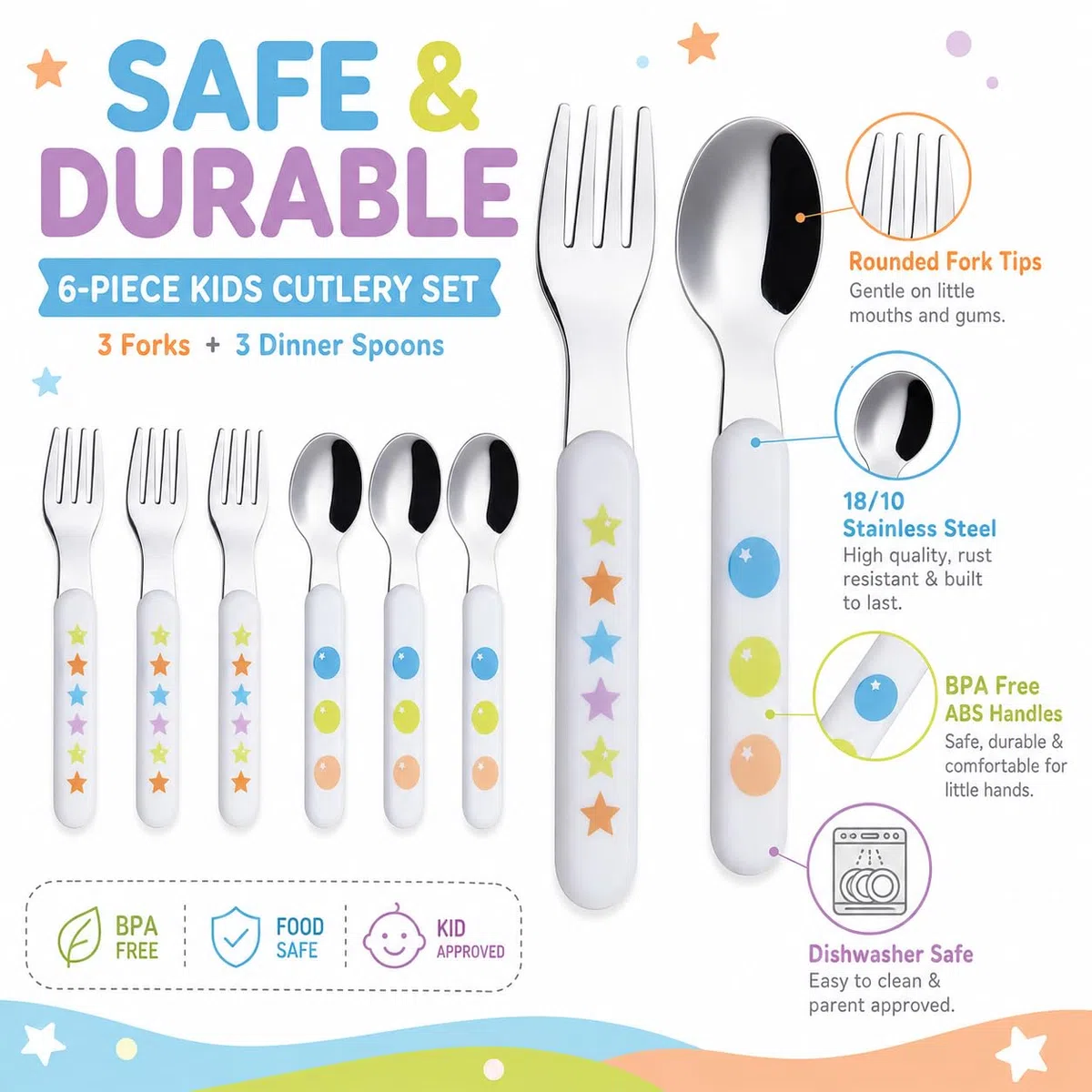 Exzact Posate per Bambini 6 Pezzi in Acciaio Inossidabile 18/10-3 x forchette, 3 x cucchiai da tavola - Manico in plastica, Utensili per Bambini Senza BPA - Stelle e Punti