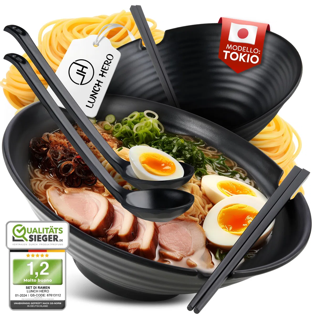 2x Set Ciotole Ramen I Set Ramen Bowl 1000ml di Alta Qualità I Set Ciotole Giapponesi da Tavola Tradizionali I Piatti Giapponesi con Ciotola Ramen Cucchiaio Bacchette