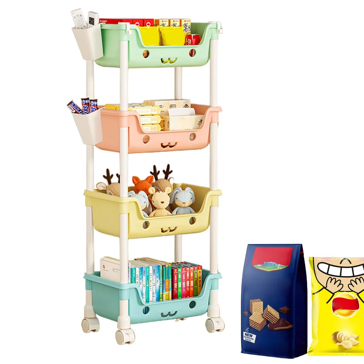 Organizzatore per giocattoli piccoli - Scaffale multilivello con ruote, grandi contenitori con ruote + accesso facilitato, in durevole + struttura rinforzata, per camerette dei bambini, sala