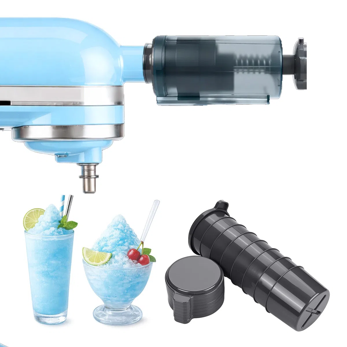 Accessorio Tritaghiaccio per KitchenAid 4,5-5 Quart Tilt-Head Stand Mixers di MMOBIEL – Con Regolazione di Rasatura e 8 Stampi per Ghiaccio Riutilizzabili – Per Dessert Shaved Ice e Bevande Fredde