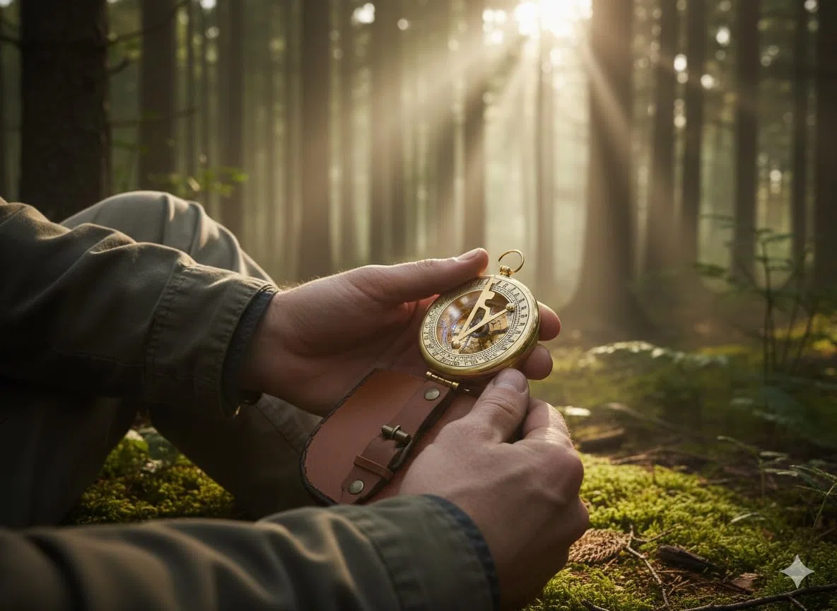 Bussola meridiana con finitura in ottone con cassa in pelle e catena, bussola a spinta aperta – accessorio Steampunk – bellissimo regalo fatto a mano – orologio meridiano