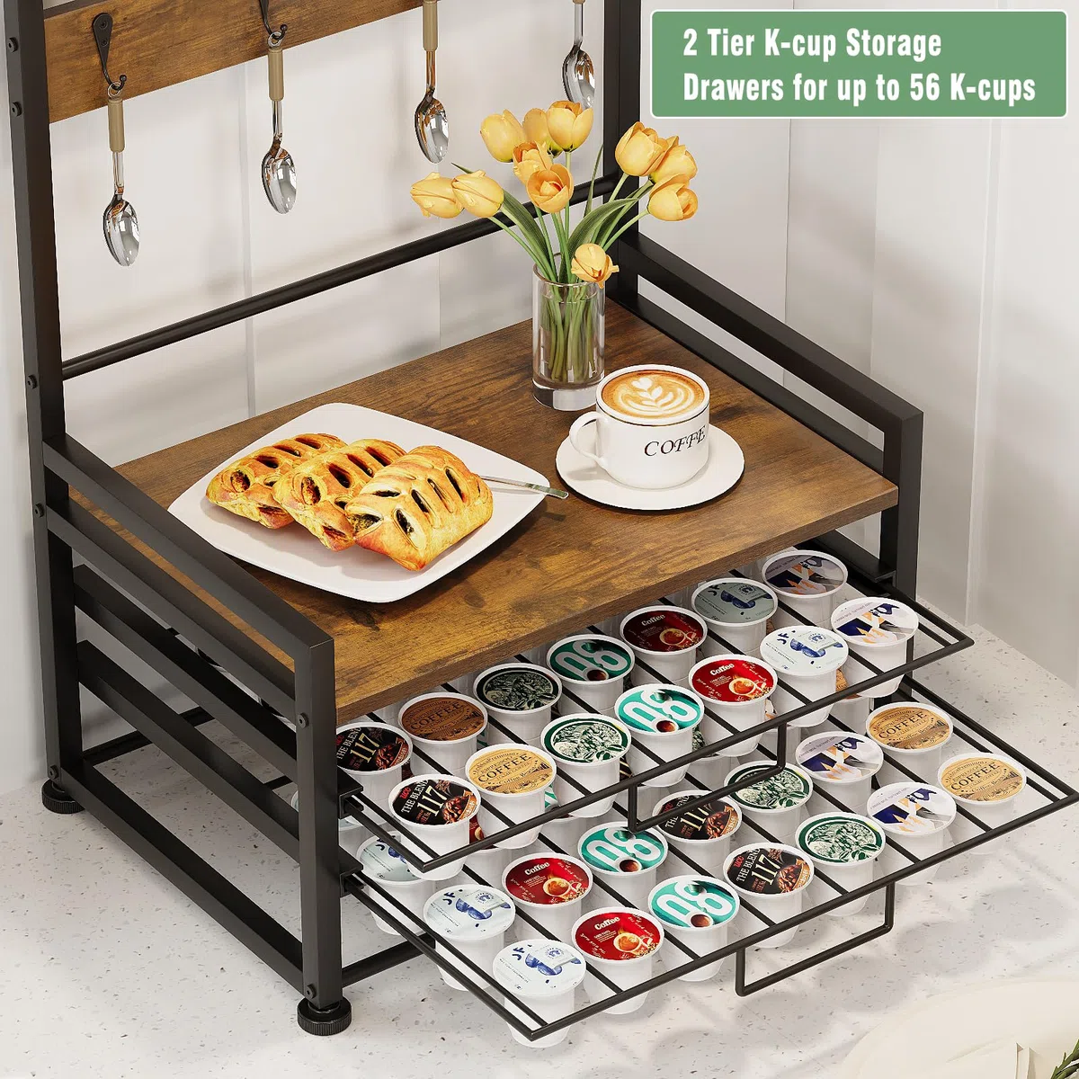Porta capsule da caffè a 3 ripiani, con cassetto per 56 capsule, 8 ganci per tazze, sciroppi e spezie, scaffale per cucina, caffetteria, ufficio, piano di lavoro, marrone