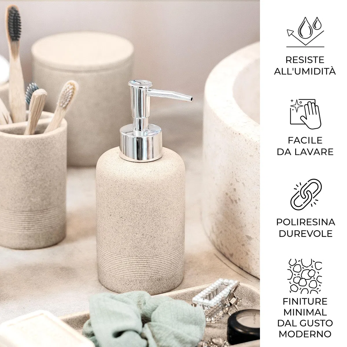 ZCCZ Set Bagno Accessori Completo 6 pezzi - Kit con Dispenser Sapone, Porta Spazzolino, Supporti Qtip, Bicchiere e Vassoio Vanità - Accessori Moderni per Bagno Elegante - Beige