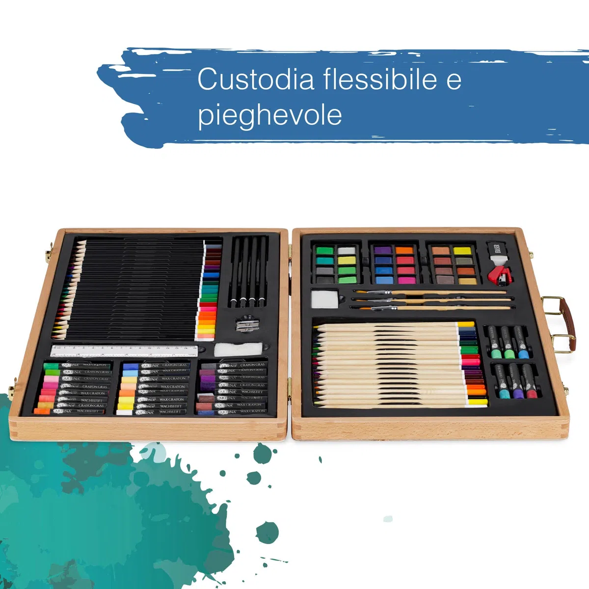 Artina 89 Pezzi Set Pittura con Valigetta in Legno – Matite, Colori a Cera, Acquerelli, Pennelli – Kit Pittura per Bambini e Adulti – Set per Dipingere Bambini Artistico e Regalo di Natale – Genova