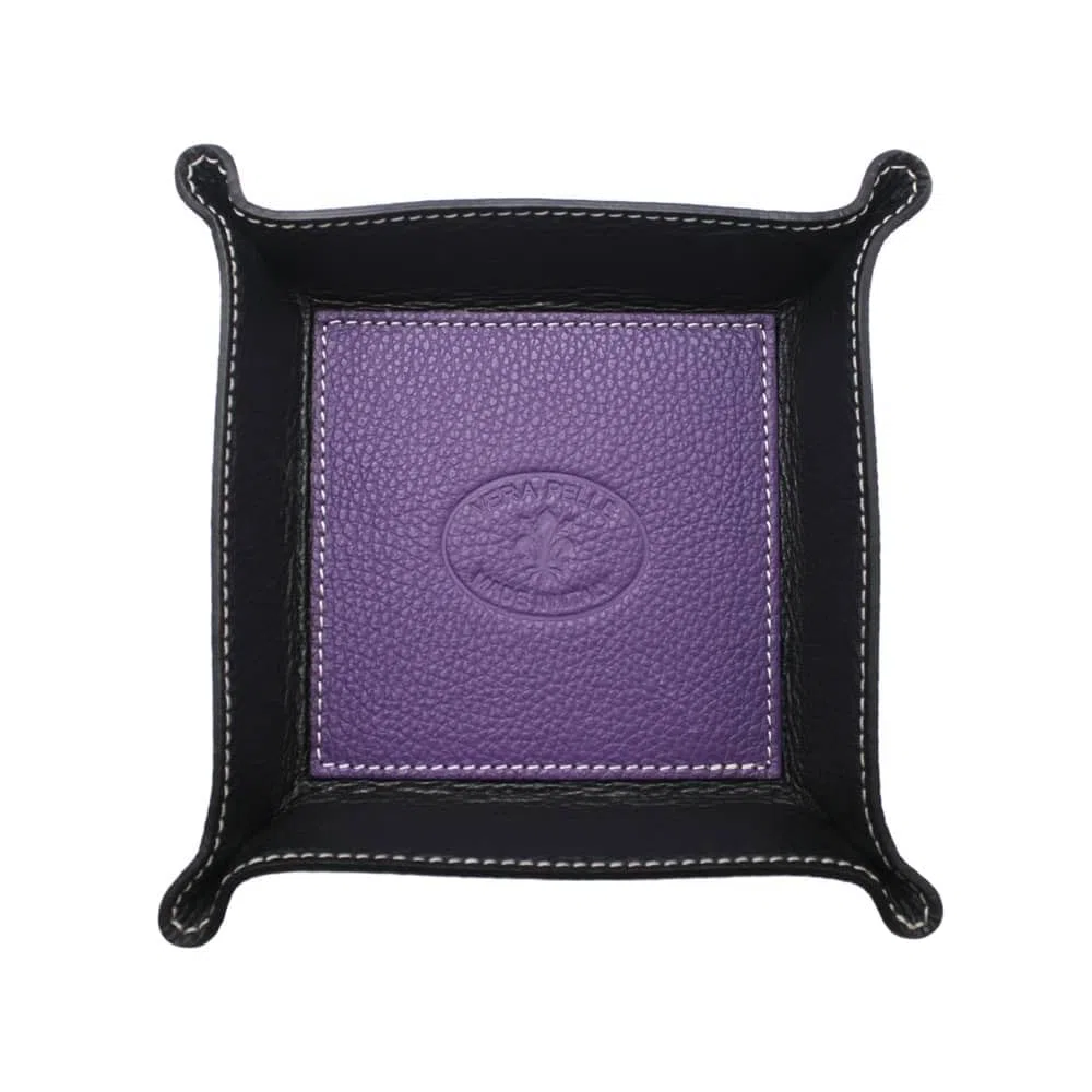 Vassoio Svuotatasche in Vera Pelle Quadrato, Centrotavola Portaoggetti Svuota Tasche in Pelle, Moderno Vassoio Portachiavi Ingresso, Svuotatasche Design Moderno Made in Italy (Viola)