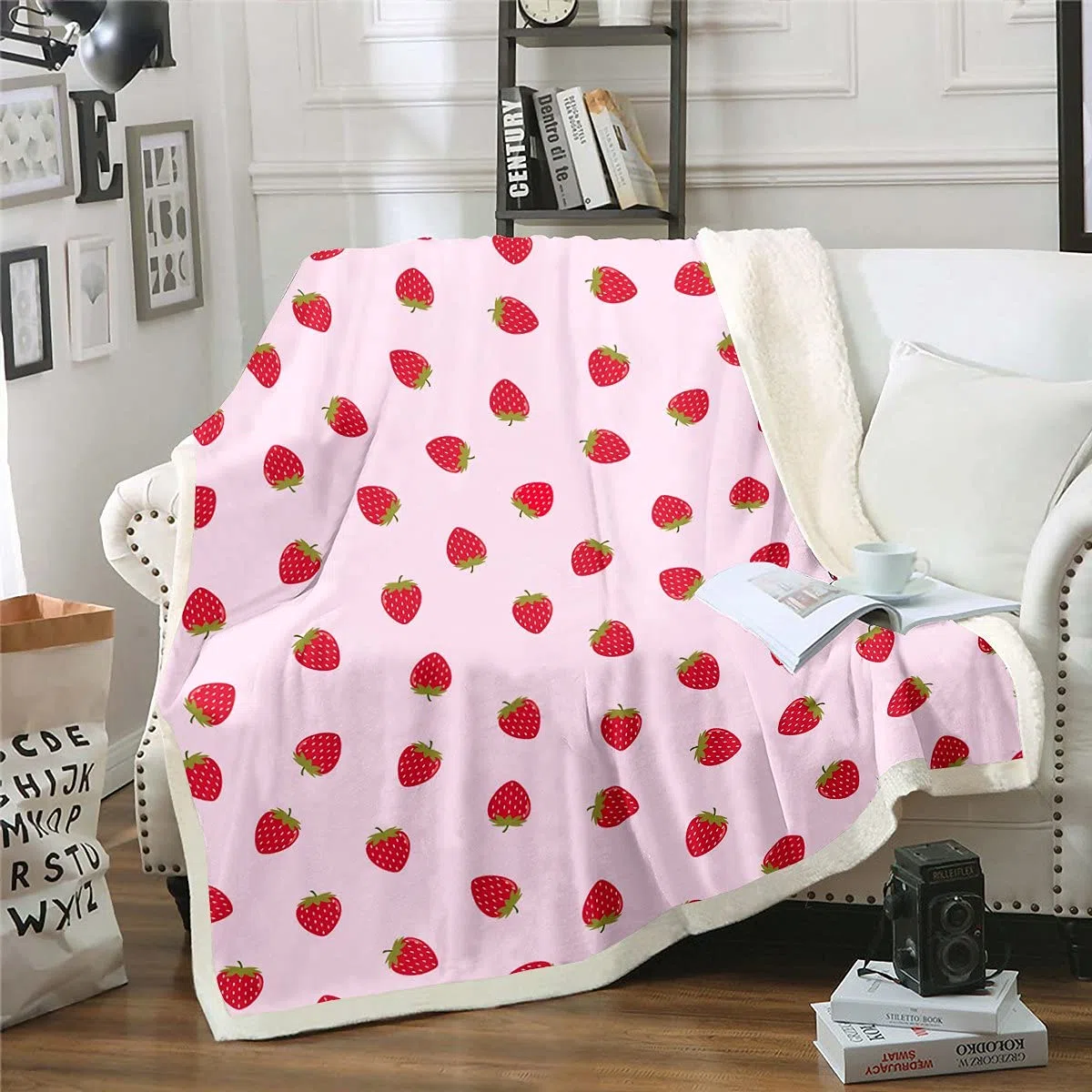 Loussiesd Coperta in pile con stampa di frutta e fragole rosa fragole per bambini coperta in microfibra peluche decorazione per camera matrimoniale 152 x 200 cm