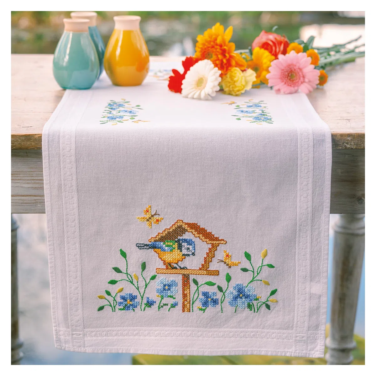 VERVACO Kit Centrotavola Ricamo Prestampato CASE DI UCCELLI Set Ricamo Biancheria Da Tavola 40 x 100 cm Set Fai Da Te Creativo Size Kit Hobby Creativi Adulti Casa Decor Embroidery Embroidery Runner