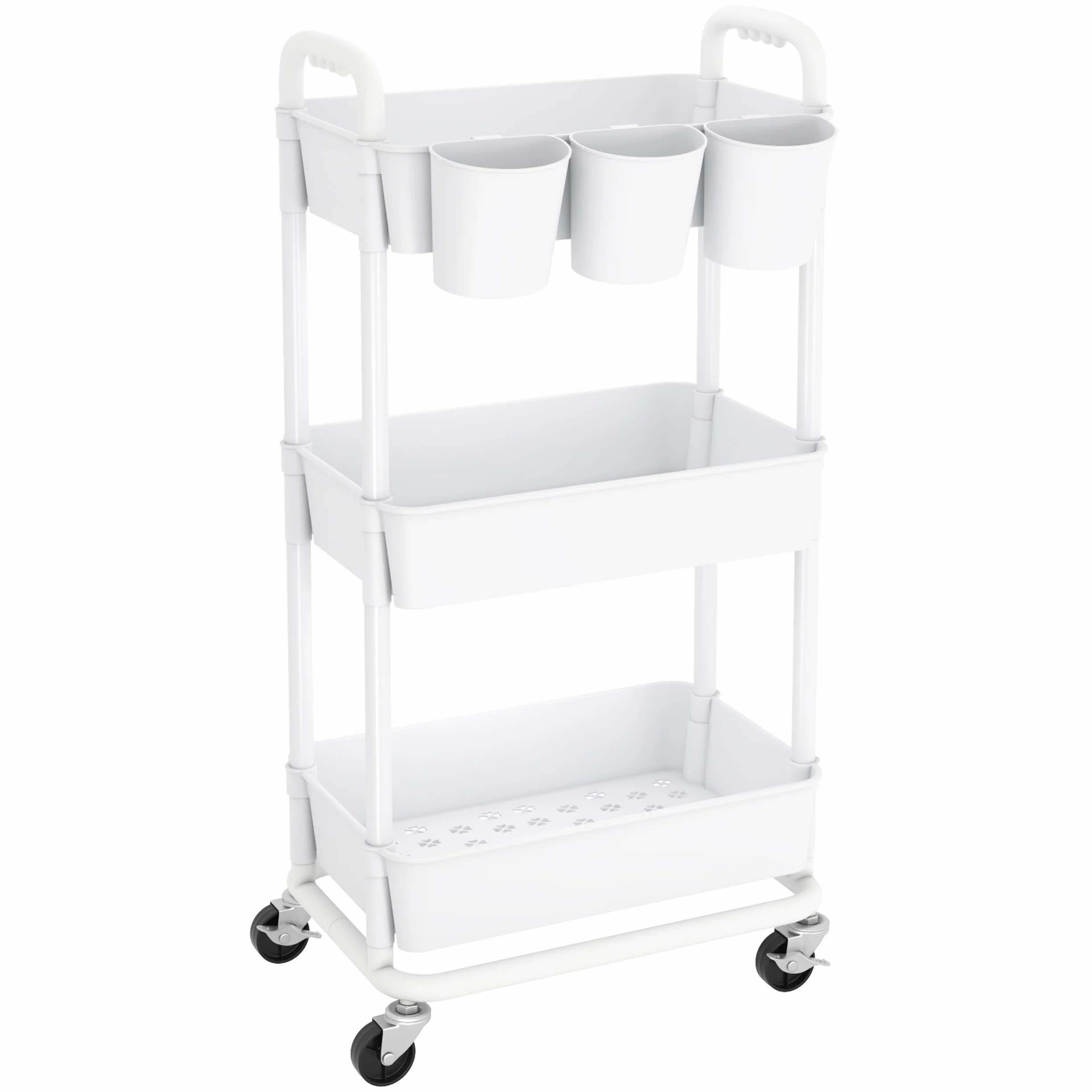 JIUYOTREE Carrello portaoggetti in plastica a 3 livelli con manici extra appesi e ruote bloccabili, per soggiorno, bagno, cucina, ufficio, bianco