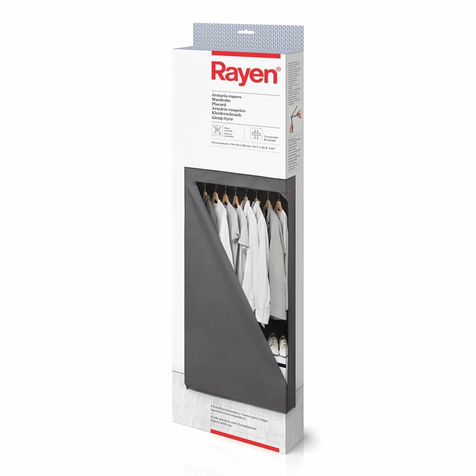 Rayen, Armadio Guardaroba, Mobile e Versatile, Facilità di Montaggio, con Asta Appendiabiti e 4 Tasche Laterali, Apertura con Zip, Grande capacità di archiviazione, 79 x 54 x 155 cm, Grigio (2054.01)