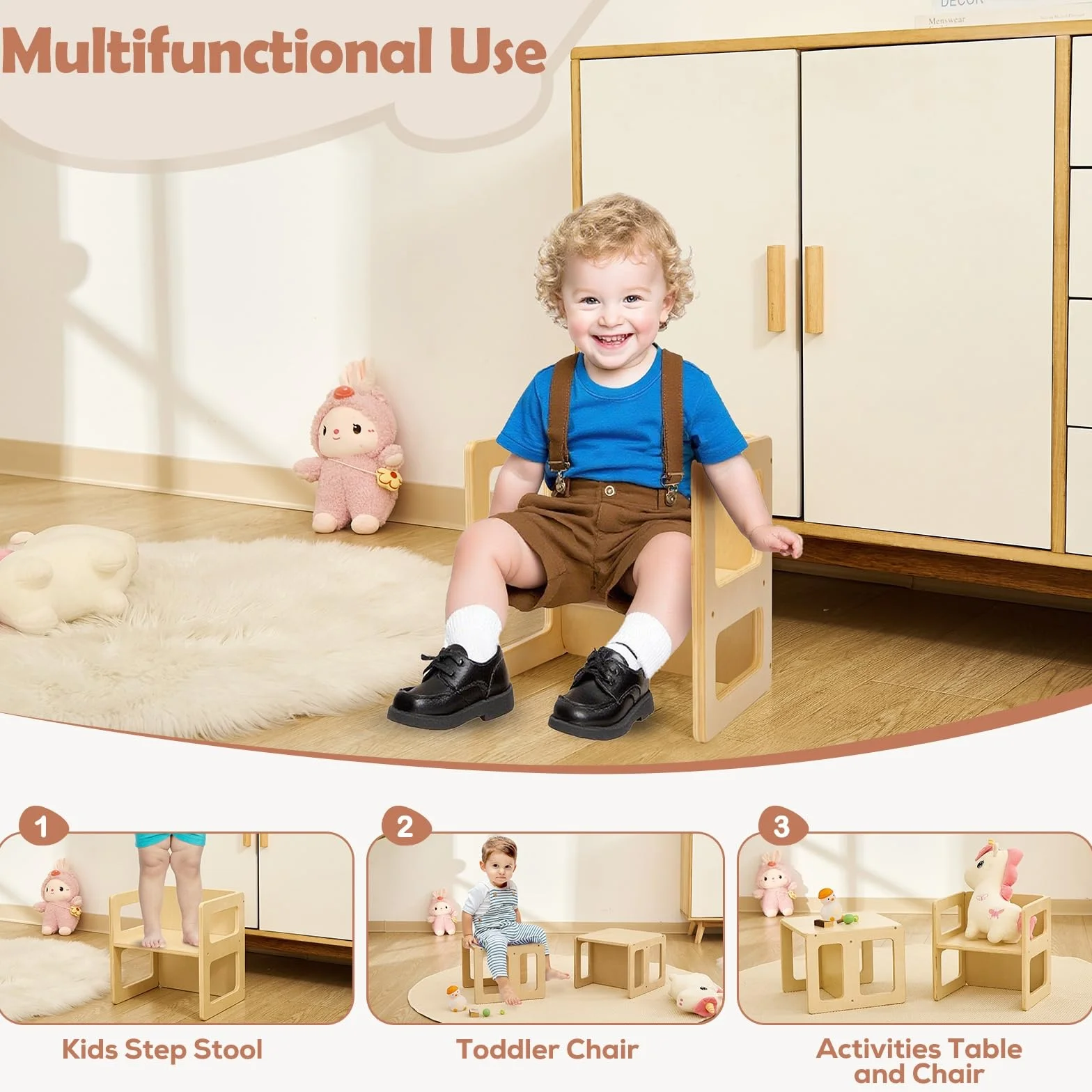 FUNLIO Sedia per lo svezzamento Montessori regolabile in altezza per età 1-3, sedia in legno massiccio di qualità, per mangiare/leggere/giocare, mobili Montessori con certificazione CPC - Naturale