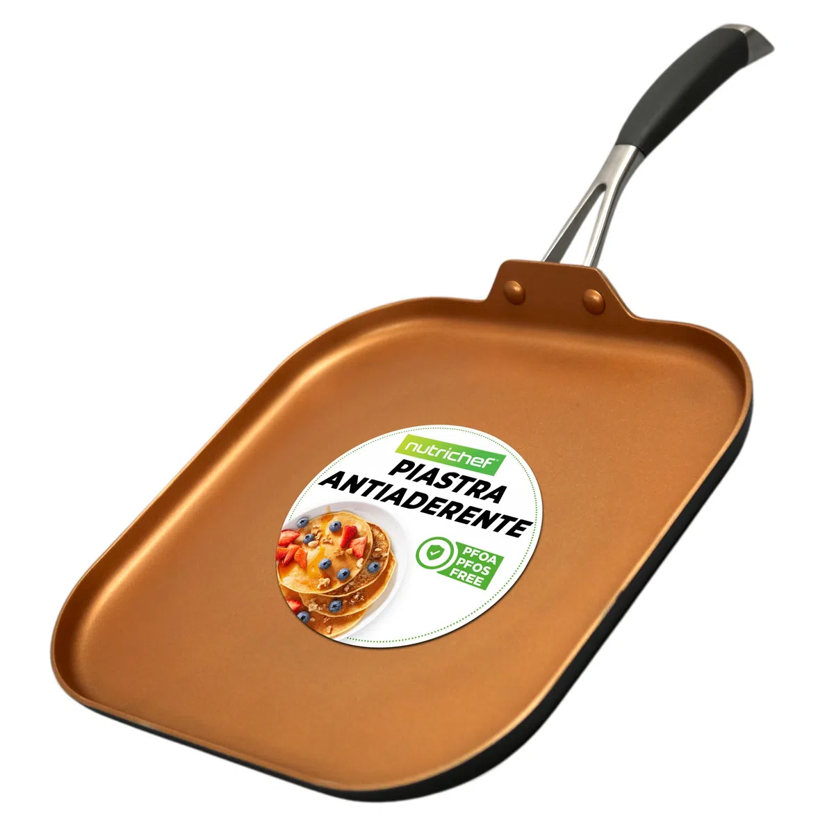 NutriChef Padella Antiaderente 26 cm, Piastra Cucina Rame, Esterno Anodizzato Resistente al Calore, Manico Silicone, Perfetta per Crepes, Pancake, Omelette, Frittata e Piadine