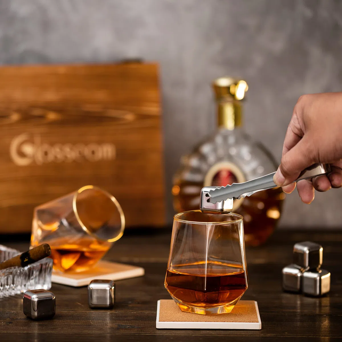 Glasseam Set Regalo In Vetro E Pietre Per Whisky, Bicchiere Personalizzato Con Scatola Per Rum Per Uomo, Rock Per Vino, Vodka, Gin, Anniversario Di Matrimonio, Compleanno