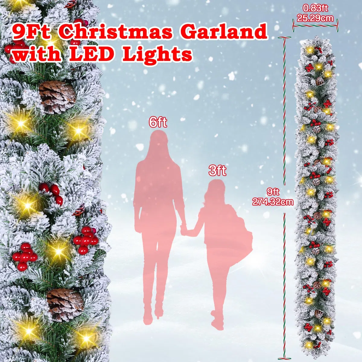 Ghirlanda natalizia con illuminazione 30 LED - Ghirlanda di abete da 2,7 m con palline di fiori illuminate - Ghirlanda natalizia in rattan natalizia per scale interni esterni natalizi