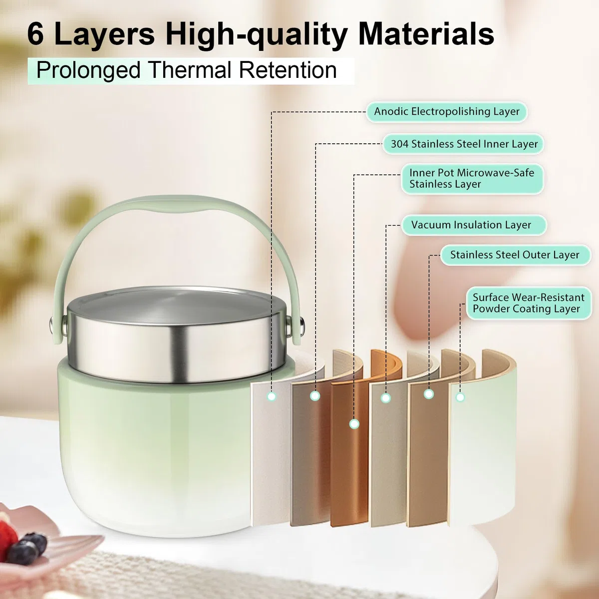 VINATO Porta Pranzo Termico 1.2L Lunch Box Termico Bento Box in Acciaio Inossidabile Antigoccia, BPA-Free con Cucchiaio - per Ufficio, Scuola, Escursioni