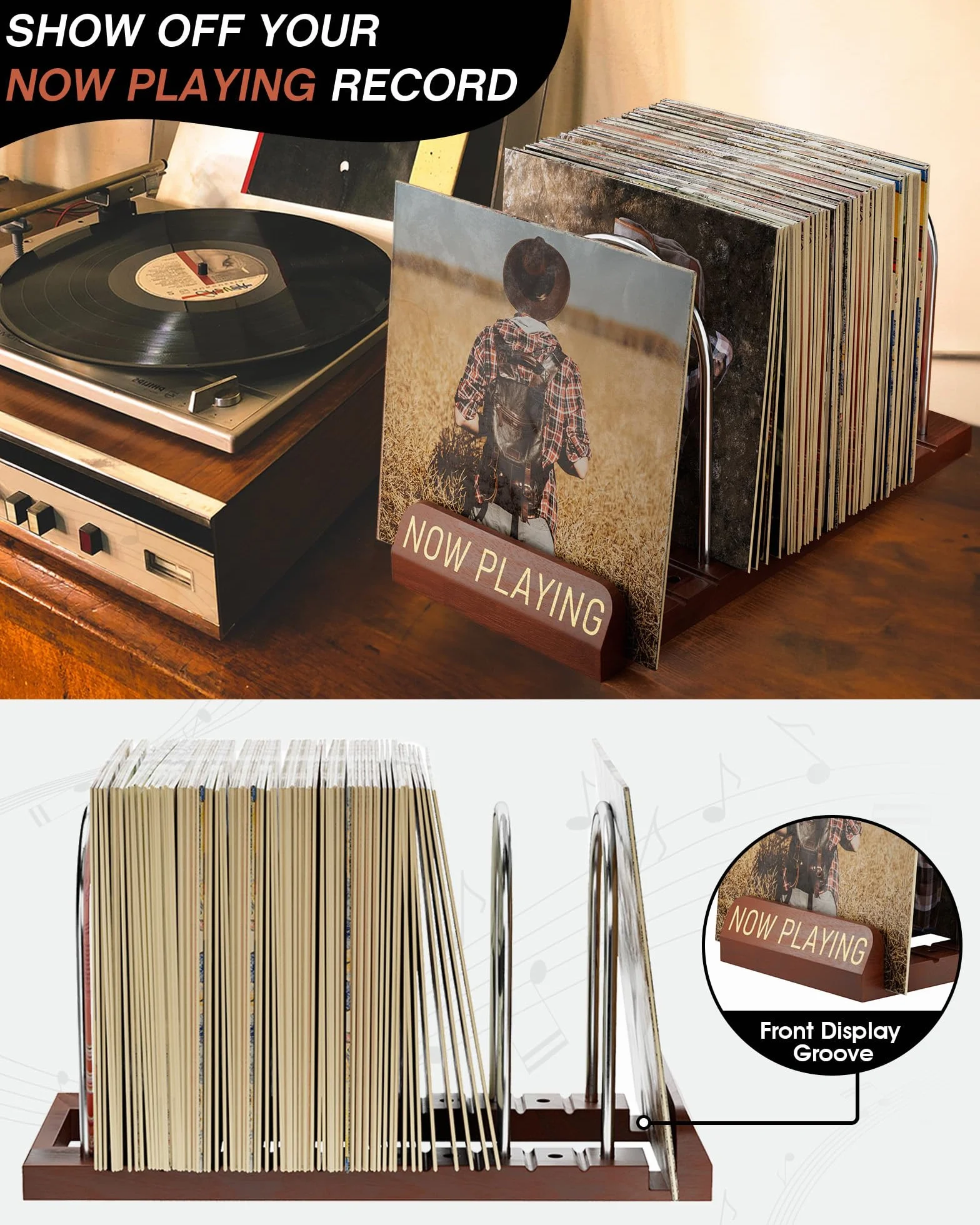 BS-VOG Supporto per Porta Vinili, con Scanalature Antiscivolo, per 50 Porta Dischi Vinile, Organizer in Legno, Ideale per Album, Confezione Regalo