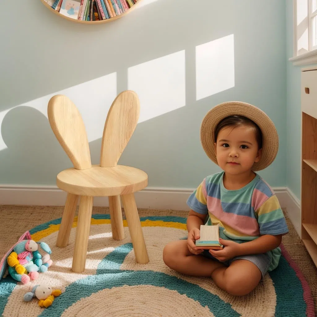 Sedia per bambini in legno, 45 x 26 cm, per cameretta dei bambini, stabile seggiolone con orecchie di coniglio, schienale per bambini, piccolo sgabello per mangiare, giocare e leggere