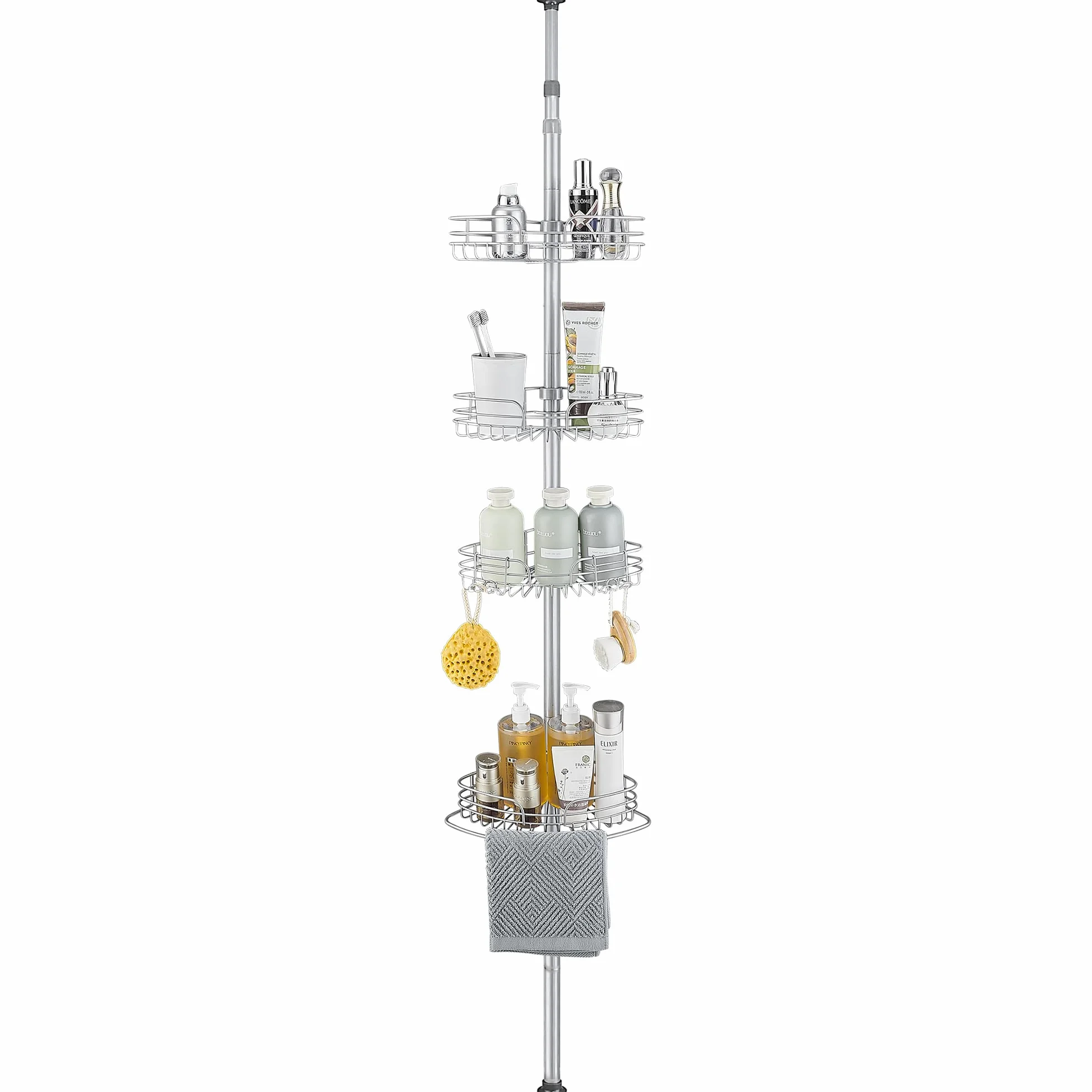 DUFU Telescopico Mensola Doccia Angolare Portaoggetti Doccia Metallo Senza Foratura con 4 Ripiani per Vasca o Bagno Stoccaggio 73-265CM Regolabile in Altezza Grigio