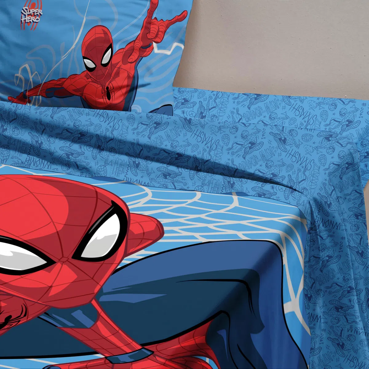 Set Lenzuolo Copriletto Singolo Spiderman 100% Cotone, Completo Letto Copriletto, Lenzuolo da Sopra con Ribaltina + Lenzuolo da Sotto con Angoli + Federa