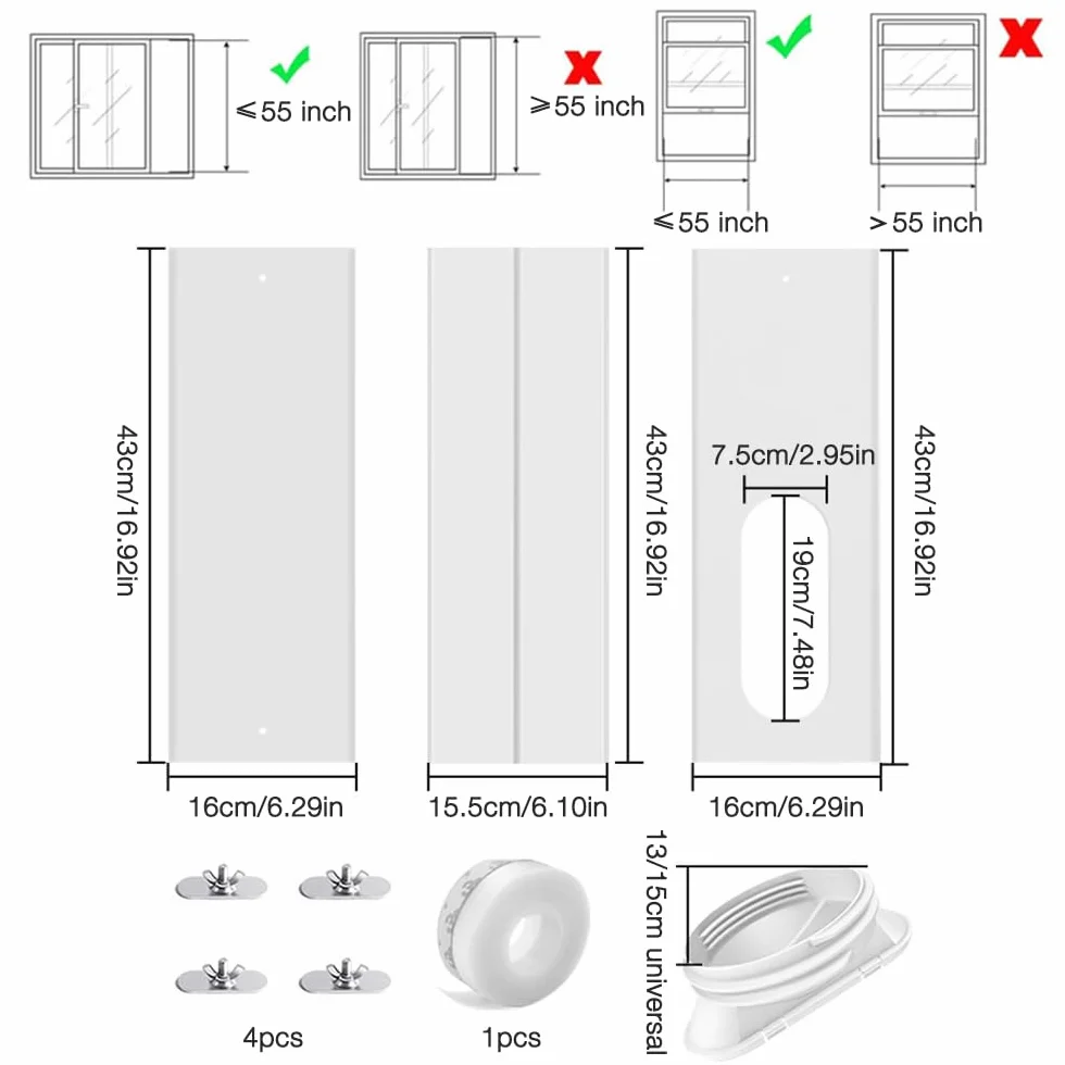 Kit di Sfiato per Finestra del Condizionatore, 4 pezzi, 16 x 43-140 cm, Tubo di Scarico 13/15 cm, Condizionatore d'Aria Portatile Windows Vent Kit