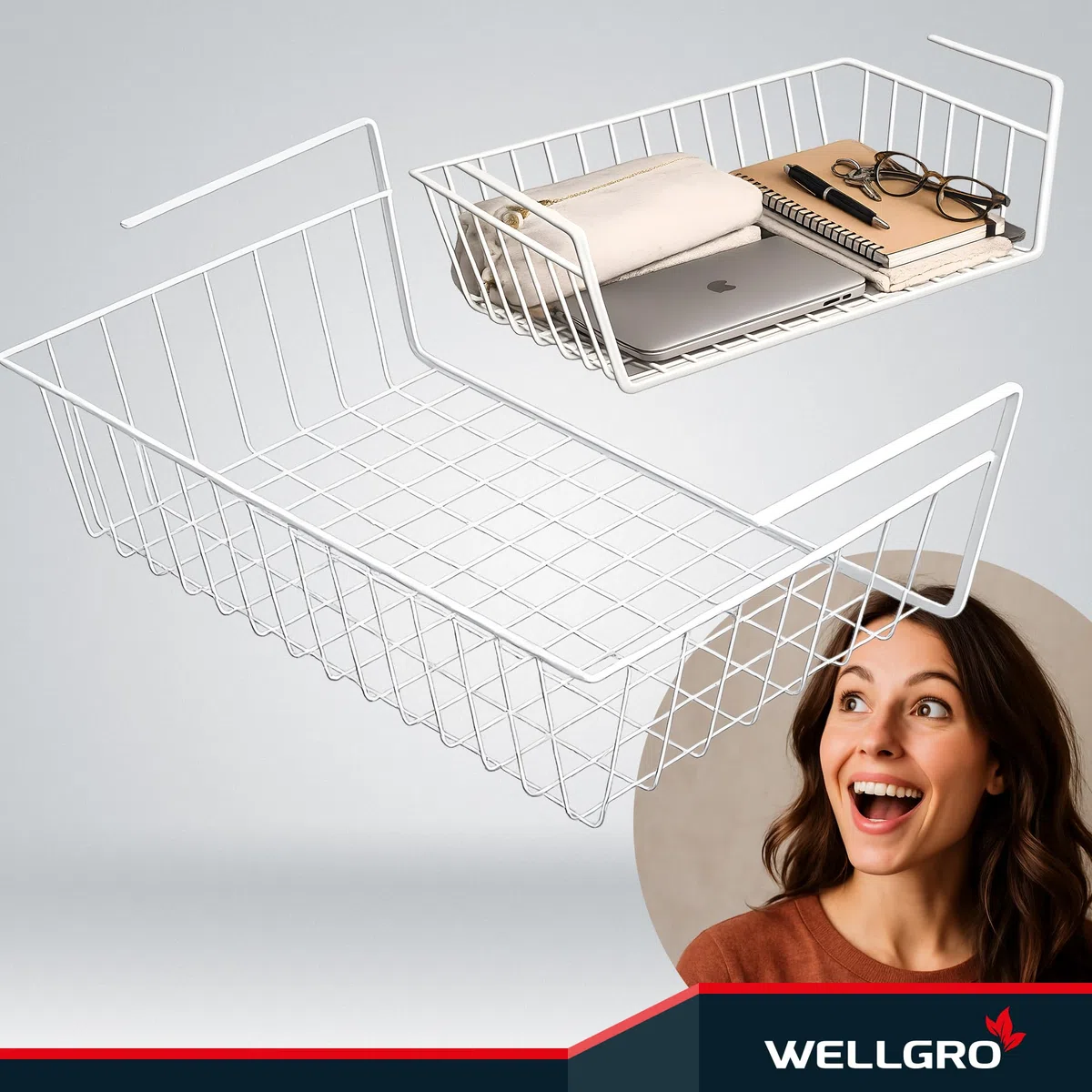 WELLGRO Set Di 4 Cestini Per Armadio Da Appendere In Metallo Per Ottenere Ulteriore Spazio, Circa 41 X 25 X 14 Cm, Bianco