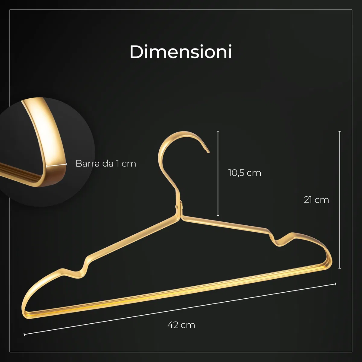 Parusia Appendiabiti Oro, 42 cm di larghezza, 1 cm di spessore, appendiabiti in metallo inossidabile, forma stabile, per riporre e organizzare gli abiti risparmiando spazio nell'armadio, porta abiti