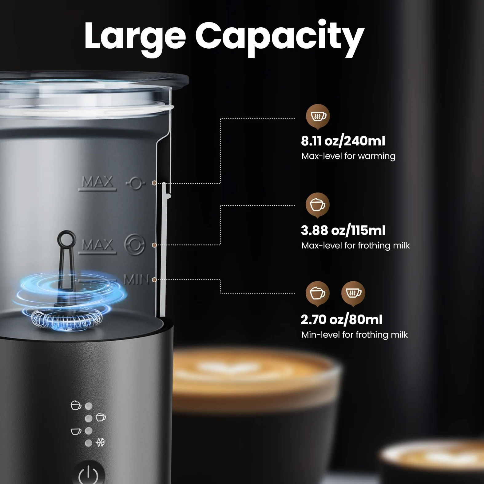 Montalatte Elettrico Automatico, Morpilot Milk Frother, 4 in 1 Funzione, Capacità Massima 115 ml - Modalità Schiuma, 240 ml - Modalità Latte Caldo