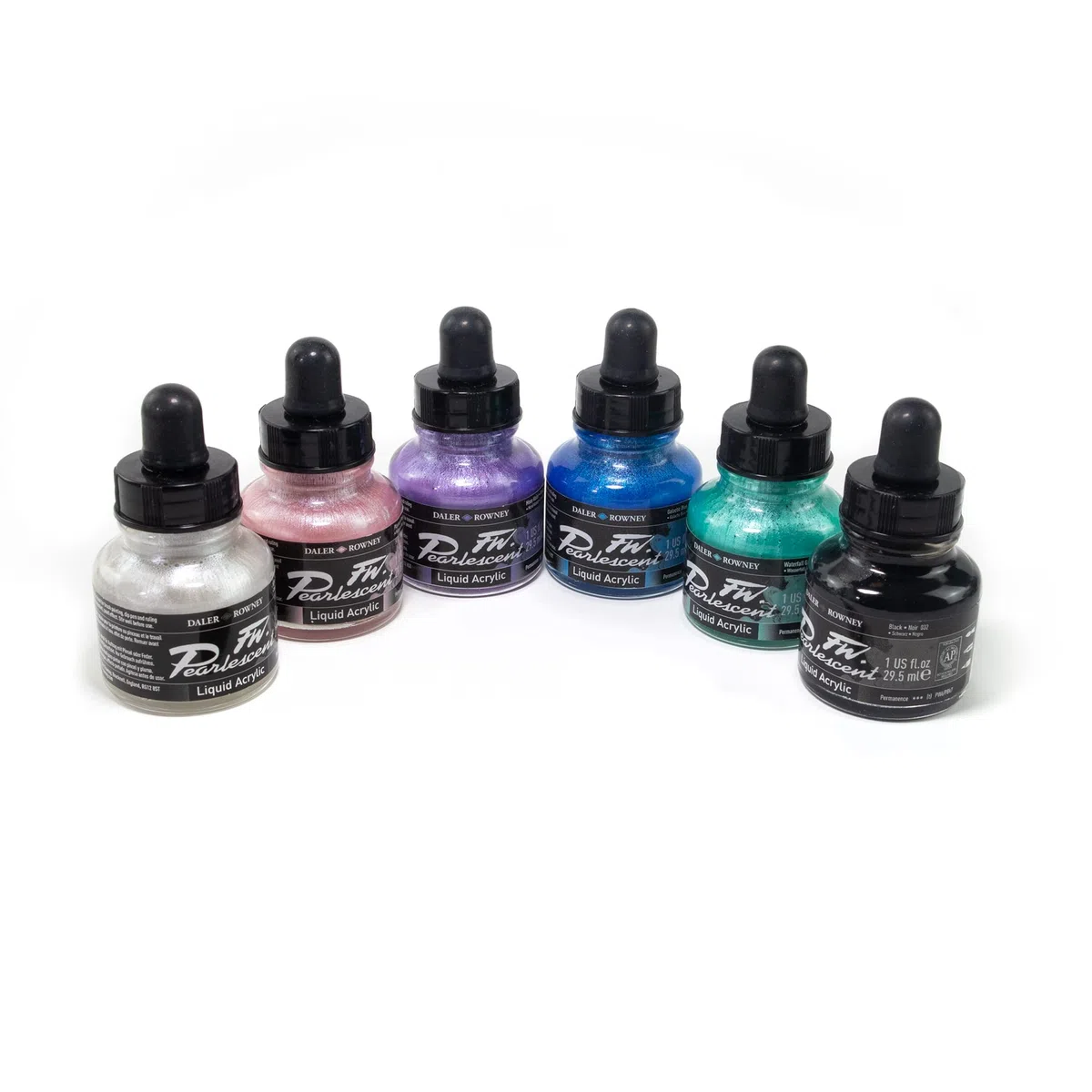 Daler Rowney FW, Set di inchiostri acrilici per artisti e studenti, 6 colori perlescenti con pennarello vuoto
