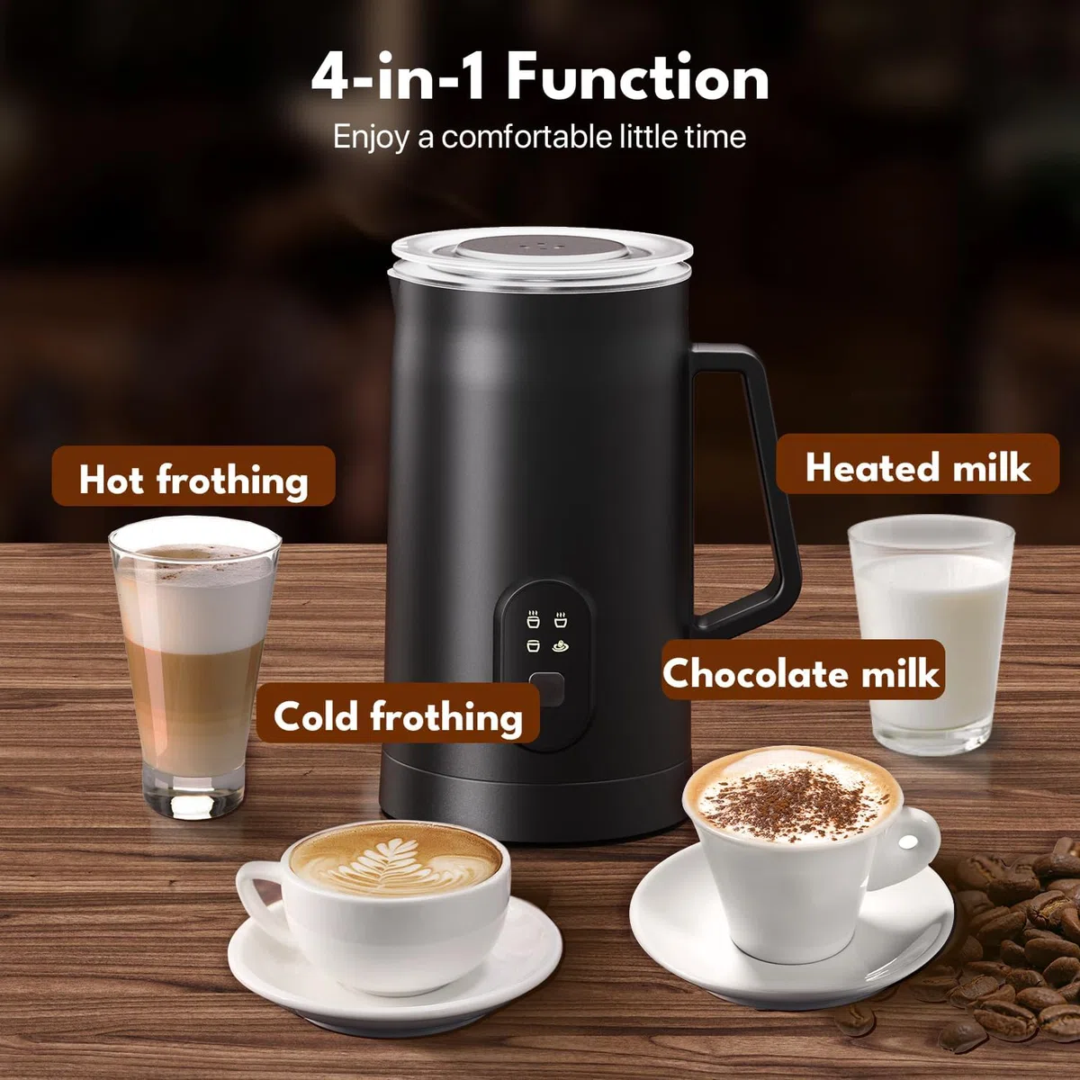 Vexloria Montalatte Elettrico 4 in 1, 580ML, Schiumalatte Caldo e Freddo Veloce, 2 Fruste, Rivestimento Antiaderente, Rivestimento Antiaderente per Cappuccino, Latte, Macchiato e Cioccolata Calda