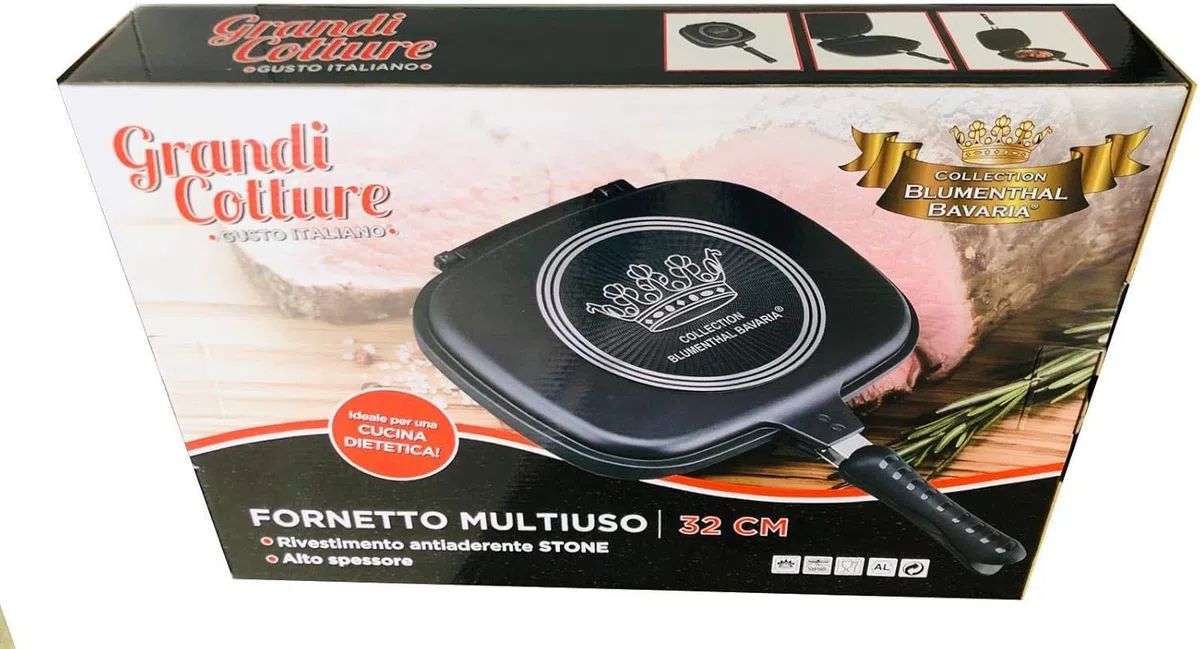 fashion home Pagano Bavaria Doppia Padella Griglia in Pietra Lavica Antiaderente, Piastra Apribile per Cottura Sopra e Sotto, Ideale per Carne, Pesce e Verdure, 32 cm