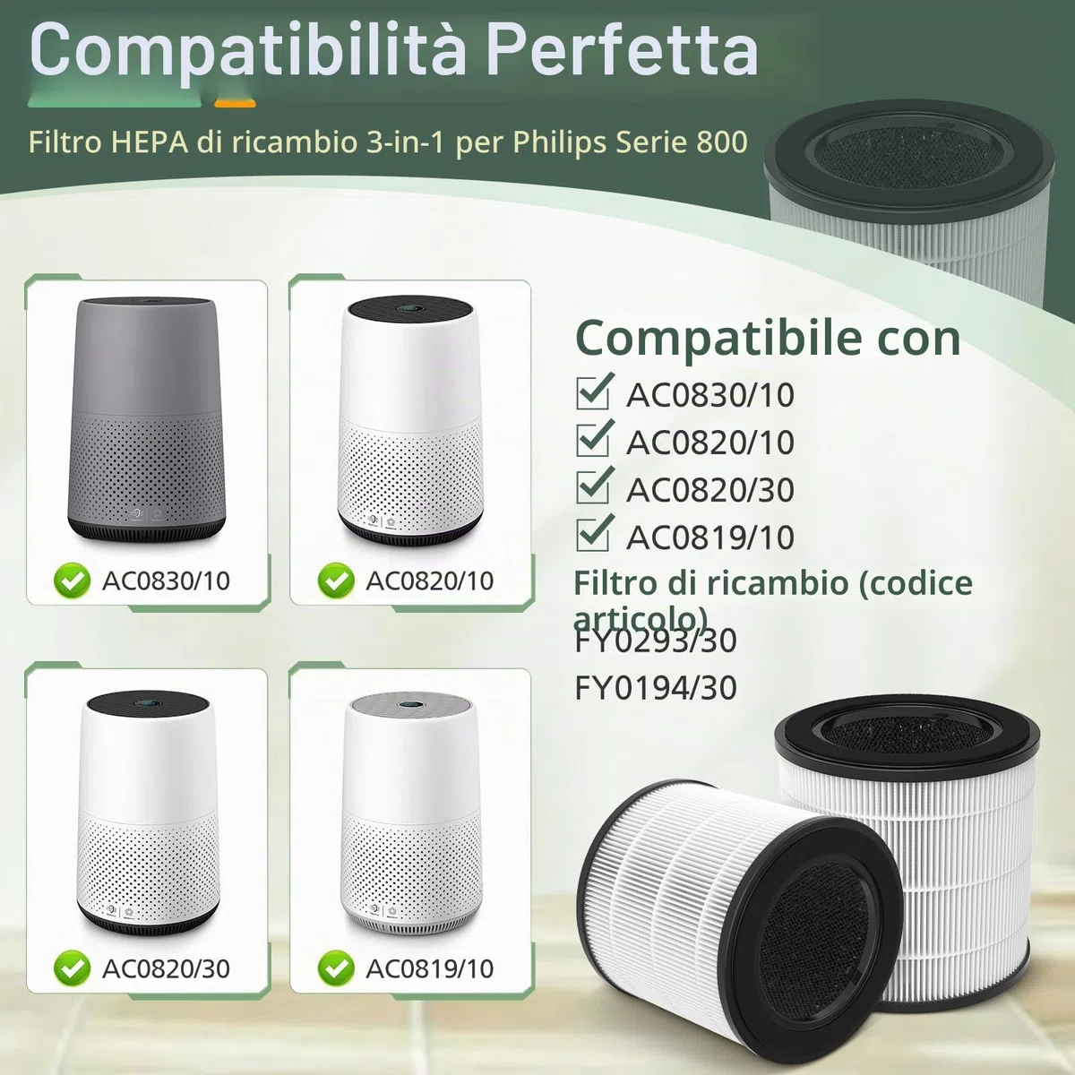 2 filtri di ricambio compatibili con Philips 800 Series - AC0830/10 AC0820/30 AC0820/10 AC0819/10, HEPA 3 in 1 H13 e carboni attivi
