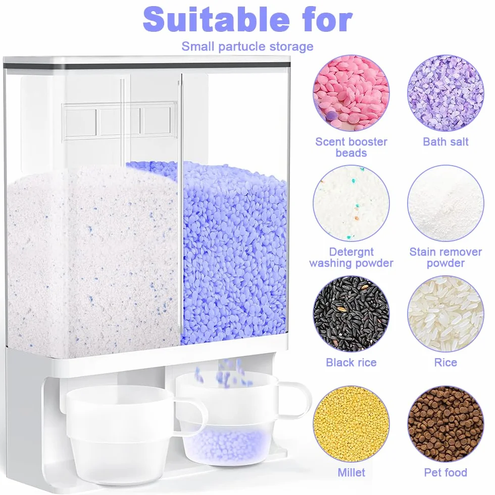 Contenitore per detersivo in polvere da 3 l, con 2 tazze, doppio dispenser per detersivo da parete, con coperchio, per perline di riso, cereali, cereali, cibo