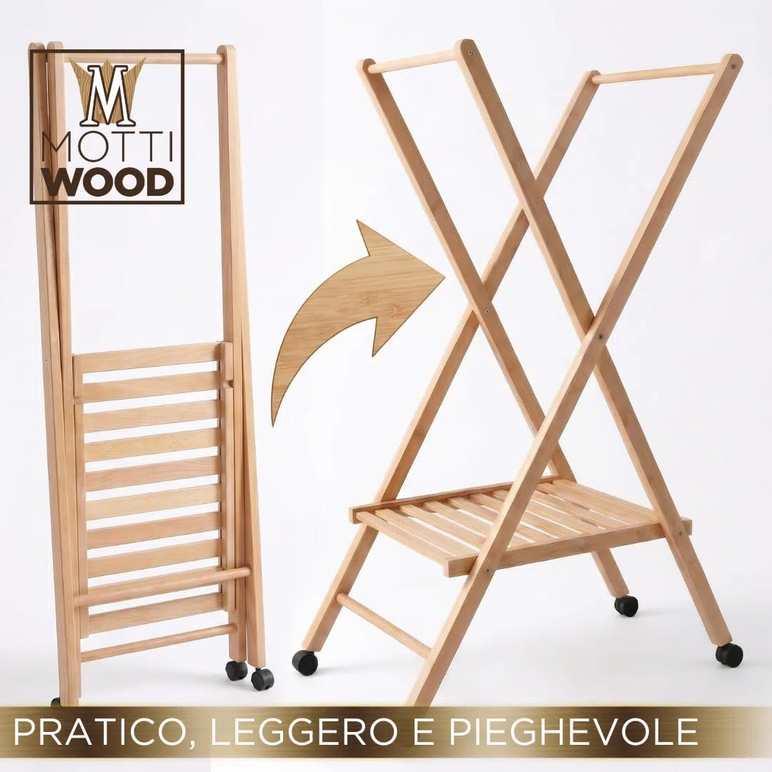 Mottiwood STIRA & APPENDI, Carrello Appendiabiti, Pieghevole e Salvaspazio, 100% Legno Faggio, Stendino, Ruote Multi direzionali, 62,49x122hcm, Omino Appendiabiti, Made in Italy