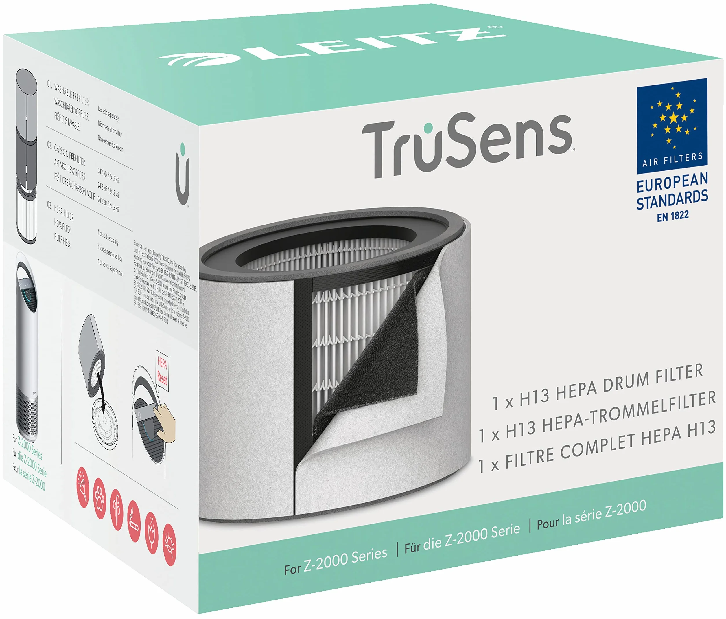 Leitz TruSens Filtro HEPA H13 3-in-1 per il Purificatore d'Aria Medio Leitz TruSens Z-2000, Rimuove Virus, Peli di Animali Domestici, COV, Polvere, Batteri, Odori e Fumo, 170 mm x 80mm - Grigio / Nero