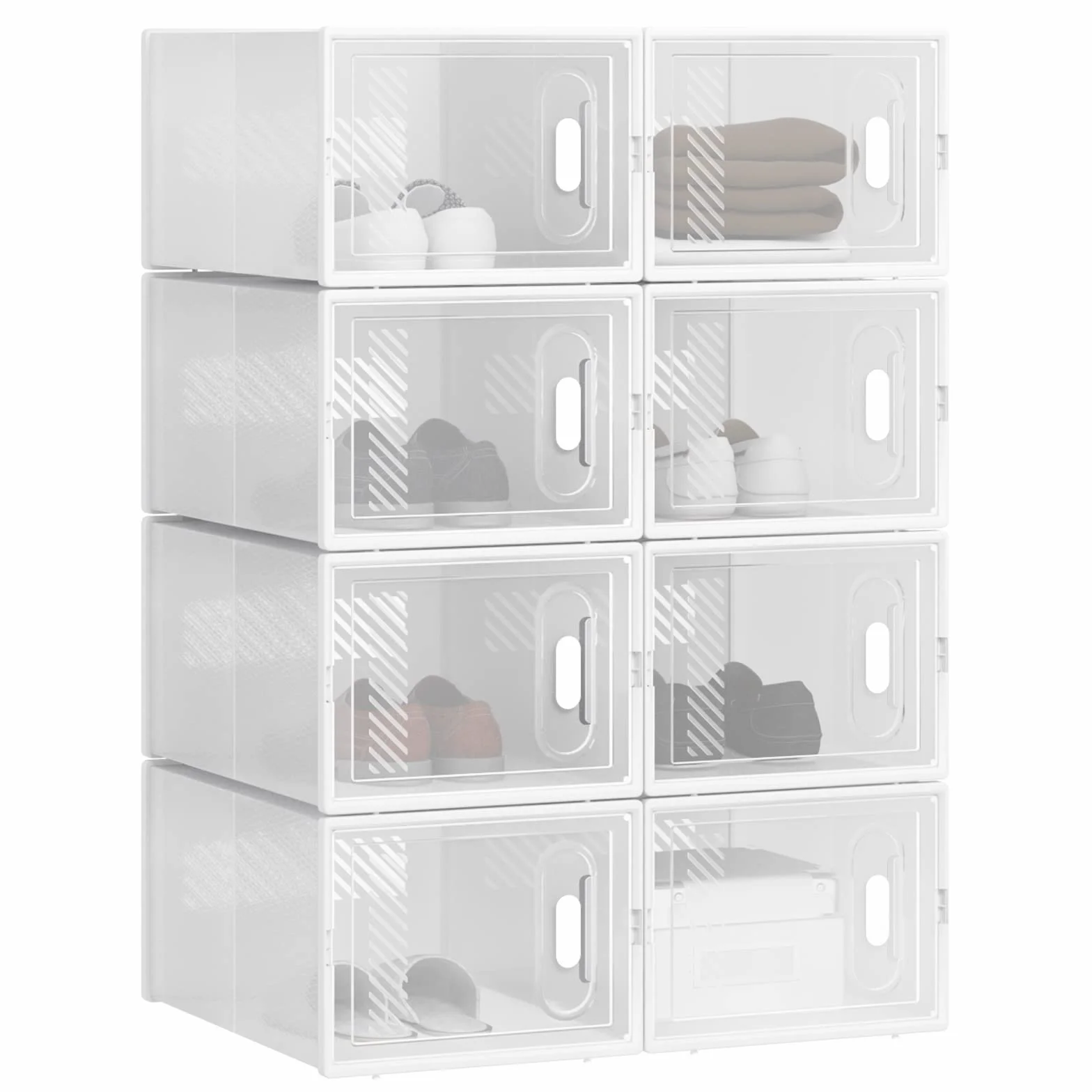 WOLTU Set di 8 Scatole per Scarpe Contenitore Portascarpe Scarpiera Organizzatore Portaoggetti Impilabile Salvaspazio Coperchio Magnetico Plastica Trasparente Bianco 35x25x19cm