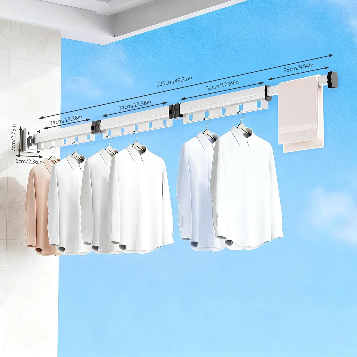 Longzhuo Stendibiancheria da parete pieghevole in 3 pezzi, 125 cm stendibiancheria retrattile interno, asta per vestiti estensibile poco per balcone, lavanderia, bagno, roulotte all'aperto (grigio)
