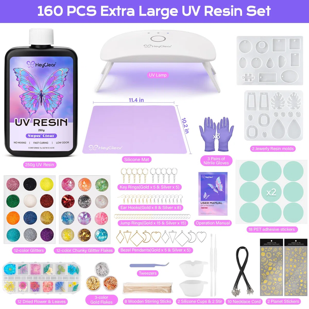 HeyClear Kit Resina UV con Lampada UV - 250g Resina UV Trasparente e Dura, per Principianti di Resina UV, UV Resin per Gioielli, Stampi e Fai-da-te