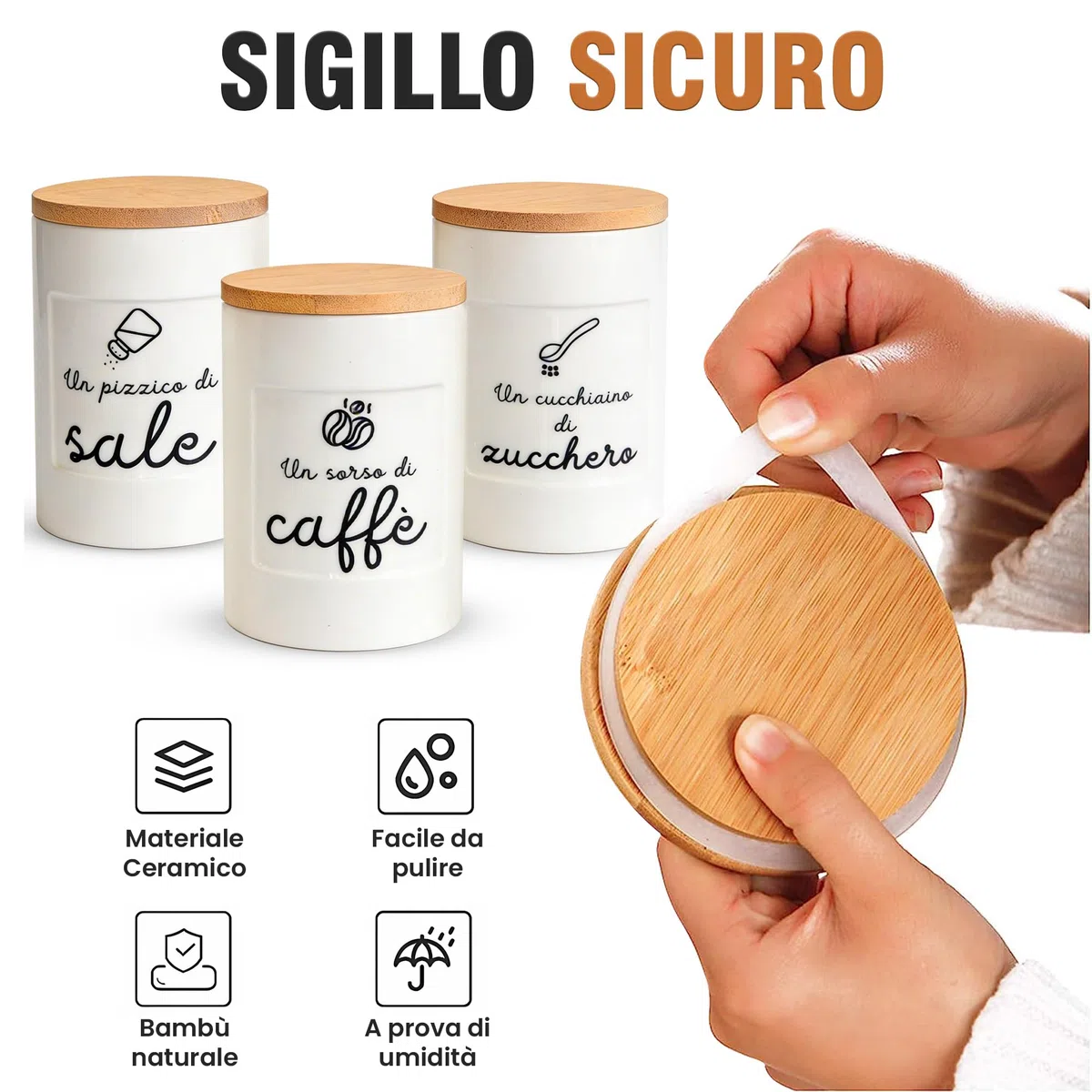 WELCOMAT, Set Barattoli Ceramica Sale Zucchero Caffè - 11cm / 600 ml - Idee Regalo Cucina, Barattolo con Chiusura Ermetica, Descrizione Simpatica, Contenitori, Vetro e Legno, Porta spezie