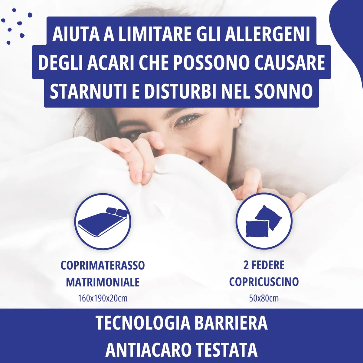Allergosystem Set Coprimaterasso Matrimoniale Impermeabile Antiacaro con Cerniera 160x190x20cm e 2 Copricuscino Impermeabile Anallergico 50x80cm - Dispositivo Medico MADE IN ITALY - Linea Protect