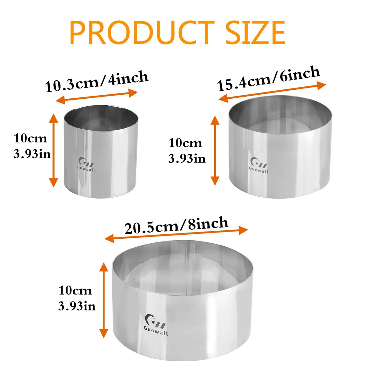 Set di 3 anelli da dessert in acciaio inox per dolci, diametro 10, 15, 20 cm, altezza 10 cm