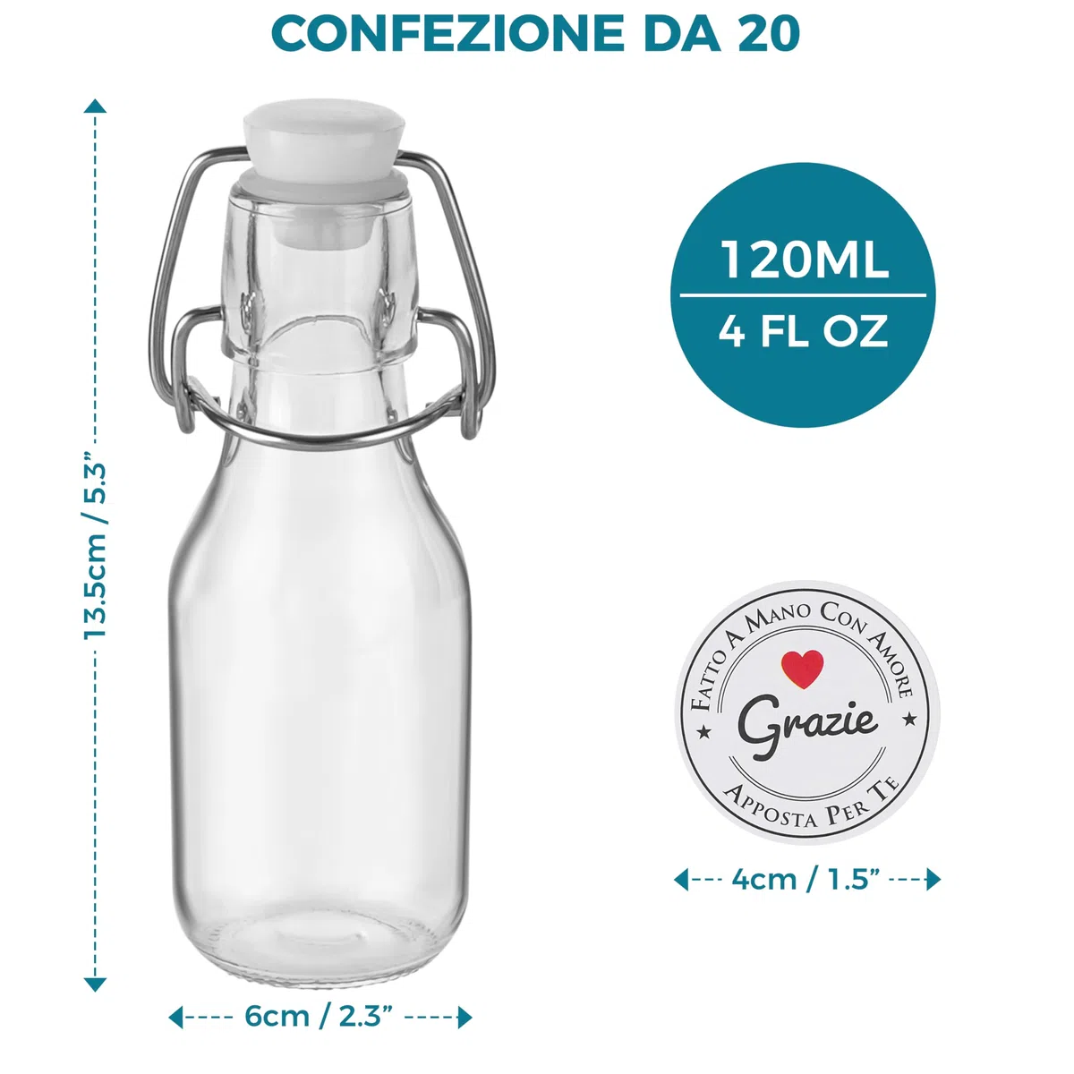 Winter Shore Bottiglie Vetro Piccole 120 ml con Tappo ed Etichette (Set da 20) - Bottigliette Vetro Bomboniere Riutilizzabili - Mini Alcolici Bottiglie - Bottigliette Alcolici con Tappo a Ribalta