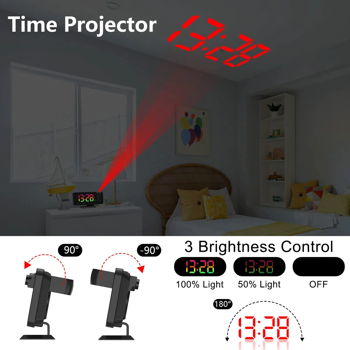 Exmate Sveglia con Proiettore, Schermo a LED a Specchio da 7.5", RGB dinamico, 5 Luminosità, Doppio Allarme con Porta USB, Sveglia Digitale con Proiettore ultra trasparente (Nero con Adattatore)
