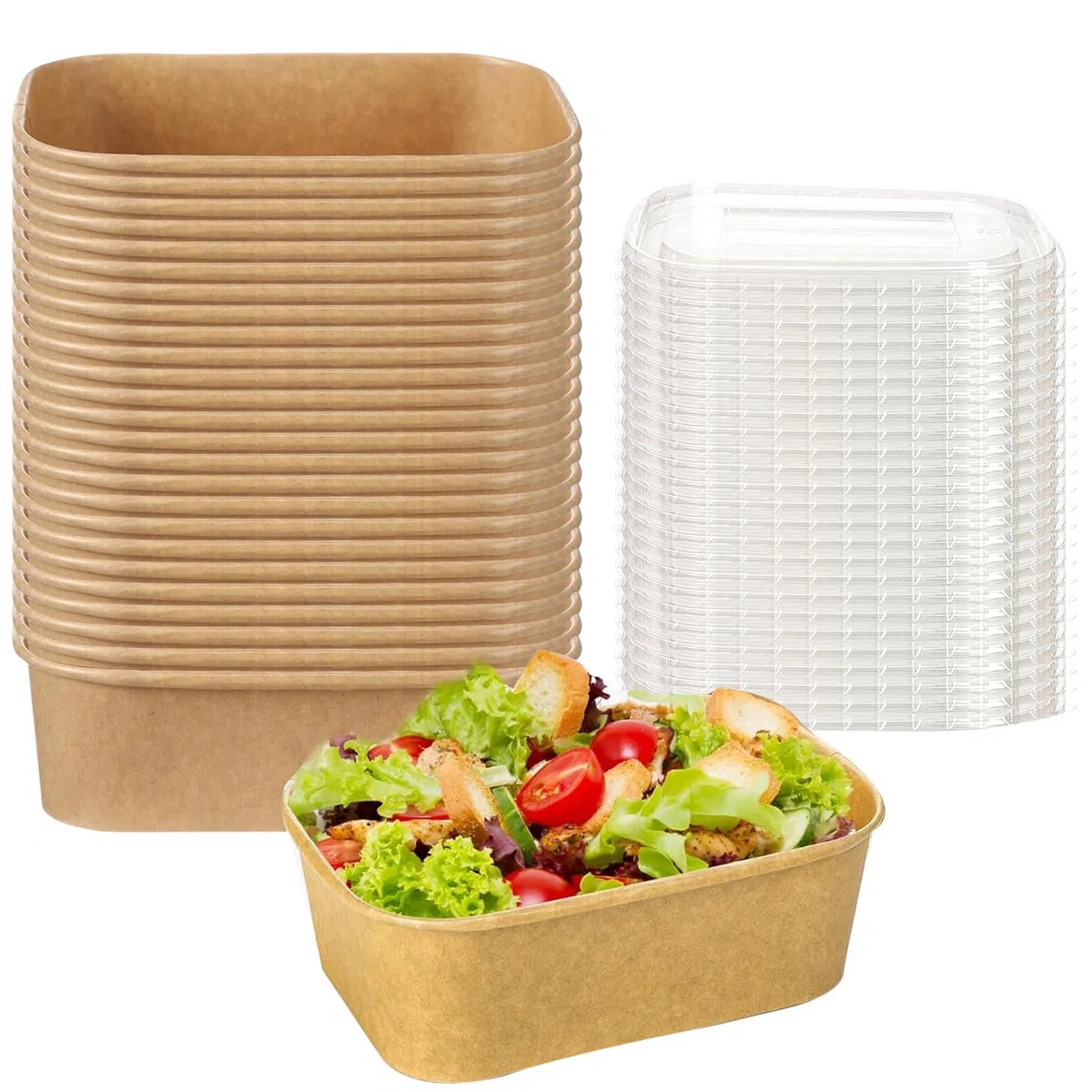 Ciotola in carta kraft usa e getta, 500 ml, stabile con coperchio in PET, scatola di carta kraft Take Away, ciotole di carta kraft resistente all'acqua e all'olio, per cibo da asporto, viaggi