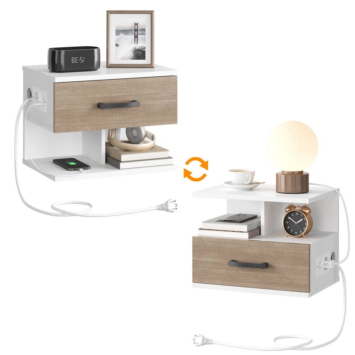 HOOBRO Comodino Sospeso, Comodino da Parete con Stazione di Ricarica e Cassetto, 1 Presa Standard e 2 Porte USB, 2 Opzioni di Montaggio, per Camera da Letto, Bianco e Grigio Anticato EWG127CBZ01