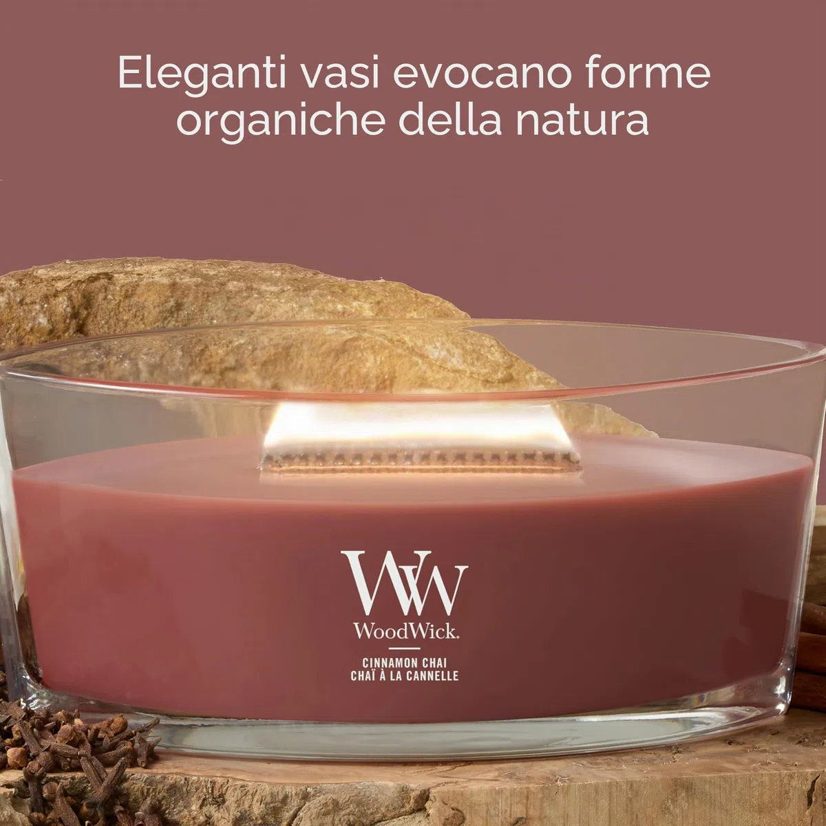 WoodWick Candela profumata Ellispe con stoppino crepitante | Cinnamon Chai | Durata della fragranza: fino a 50 ore