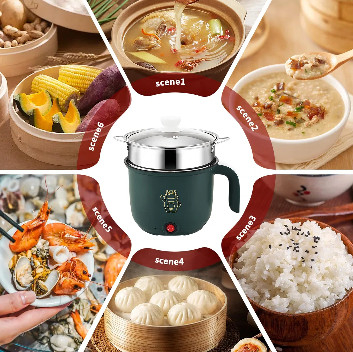 BORDEAG Mini fornello antiaderente, 1.8 l, pentola elettrica, pentola portatile, mini fornello portatile per bistecca, pasta, uova, Avena, Ramen, con vapore, verde