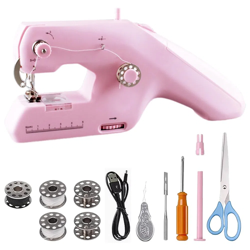 Mini macchina da cucire a mano, macchina elettrica portatile a doppio filo, macchina da cucire a mano con accessori per cucire, strumenti di cucito elettrici per principianti fai da te tende