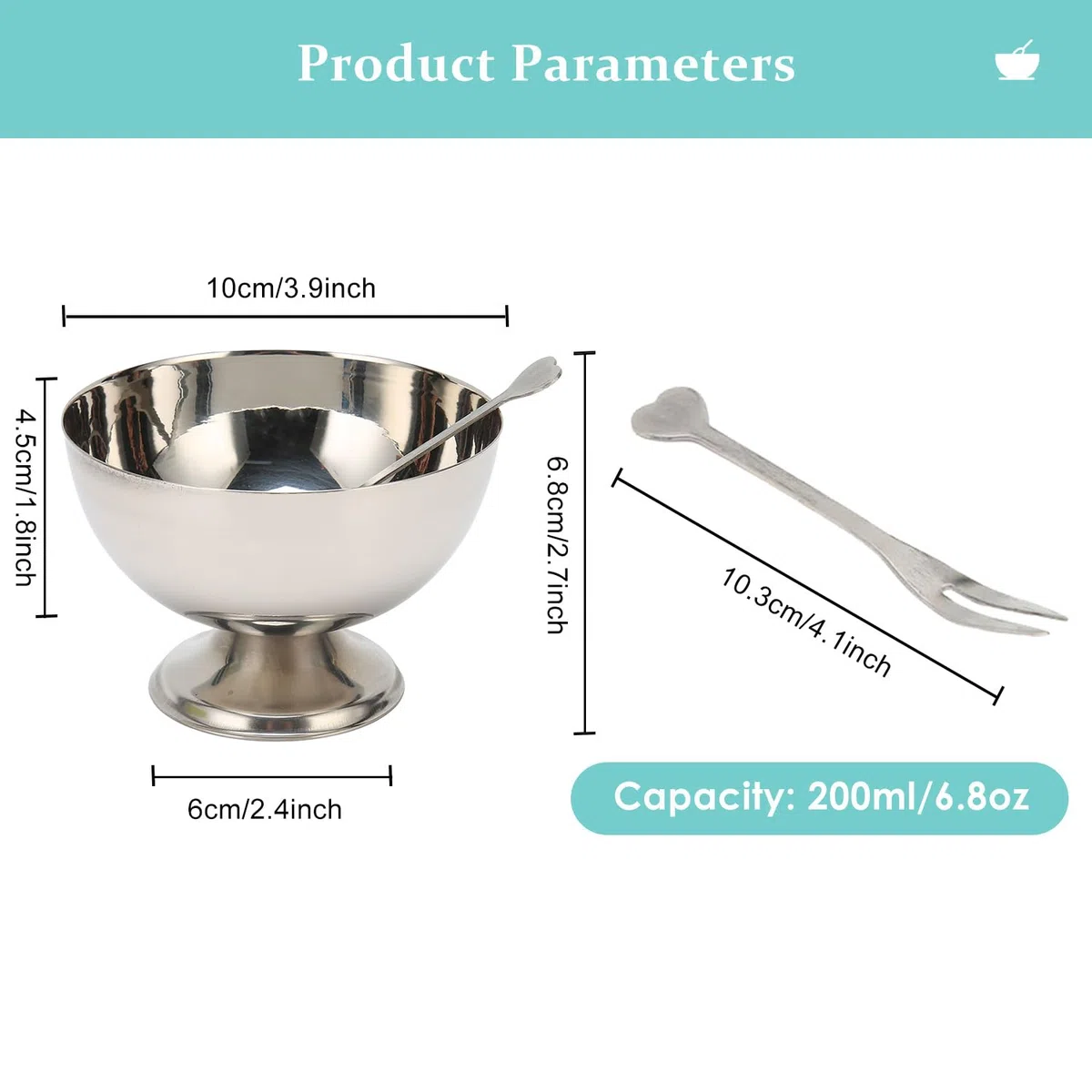 4 Pezzi Ciotole per Gelato in Acciaio Inossidabile, 200ml Coppe da Dessert Riutilizzabili con Forchetta, Ciotole con Piede per Gelato per Snack, Caramelle, Insalata, Frutta