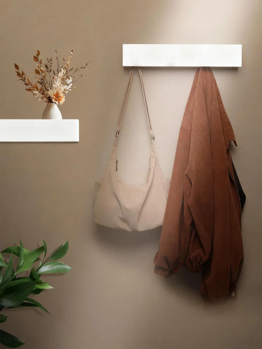 Appendiabiti da Parete con Mensola, Attaccapanni da Muro con 5 Ganci Nascosti, Porta Asciugamani da Muro per Ingresso, Corridoio, Camera da Letto, Bagno – Bianco